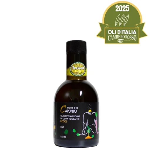 bottiglia di olio extravergine di oliva certificato igp toscano e vincitore premio tre foglie guida oli d'italia gambero rosso