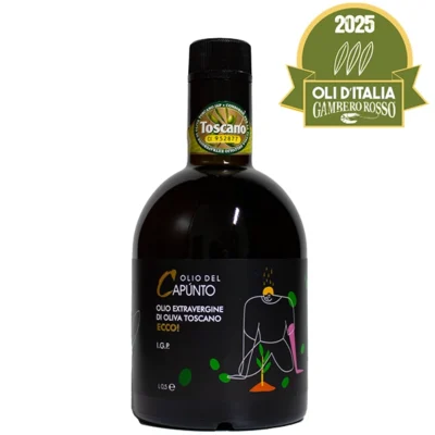 bottiglia di olio extravergine di oliva certificato igp toscano e vincitore premio tre foglie guida oli d'italia gambero rosso