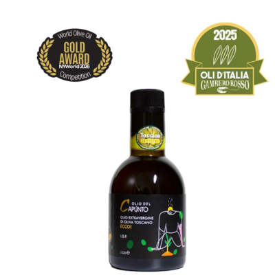 bottiglia di olio extravergine di oliva certificato igp toscano e vincitore premio tre foglie guida oli d'italia gambero rosso NYIOOC