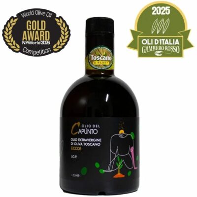 bottiglia di olio extravergine di oliva certificato igp toscano e vincitore premio tre foglie guida oli d'italia gambero rosso